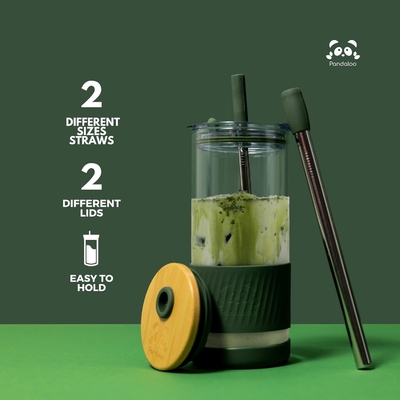 Kapaklı ve pipetli cam bardaklar -20 Fl Oz- Mükemmel Boyutlu Buzlu Kahve Bardağı - Bambulı Smoothie Bardağı