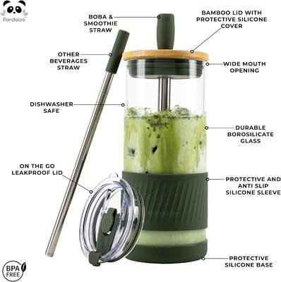 Kapaklı ve pipetli cam bardaklar -20 Fl Oz- Mükemmel Boyutlu Buzlu Kahve Bardağı - Bambulı Smoothie Bardağı
