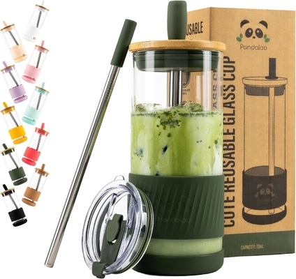 Kapaklı ve pipetli cam bardaklar -20 Fl Oz- Mükemmel Boyutlu Buzlu Kahve Bardağı - Bambulı Smoothie Bardağı