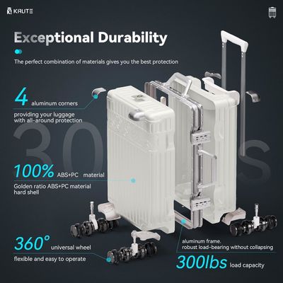 Fermuarsız 4 Tekerlekli 20 inç Sert Kabuklu Bavul PC+ABS TSA Kilidi 4 Metal Köşe Beyaz