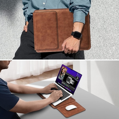 Dizüstü bilgisayar kılıfı MacBook Air 13.6M3 M2 A3113 A2681/MacBook Pro 14 A2992-PU Stand fonksiyonu ile deri ince poşet kapağı, kahverengi