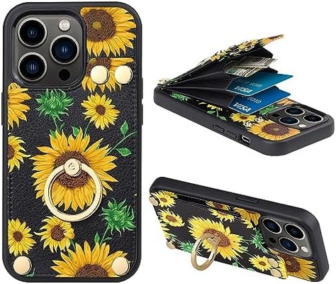 iPhone 13 Pro Max ile kart sahipleri, 360° dönen yüzük tutucu, deri kartlık, RFID şok geçirmez kapağı,