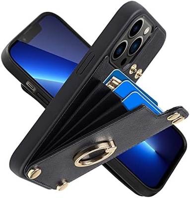 iPhone 13 Pro Max ile kart sahipleri, 360° dönen yüzük tutucu, deri kartlık, RFID şok geçirmez kapağı,