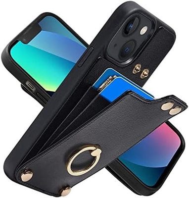 iPhone 13 Pro Max ile kart sahipleri, 360° dönen yüzük tutucu, deri kartlık, RFID şok geçirmez kapağı,