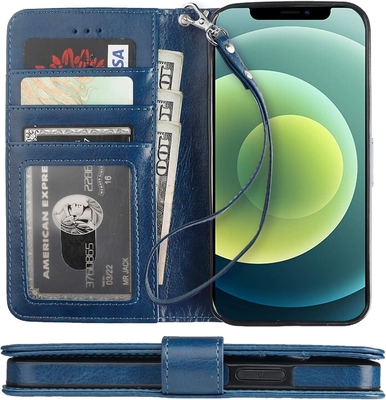 Kart tutucu ile iPhone 12/Pro cüzdan kağıdı ile uyumlu PU deri dayanıklı şok geçirmez bileklik kemeri 6,1 inçli klem kabuk