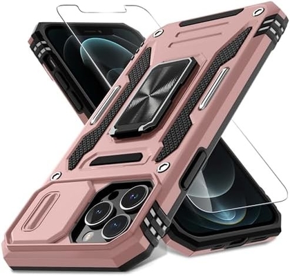 iPhone 12 Pro Max, slayt kamera kapağı + ekran koruyucusu ((1 Paket),Döner halka Kickstand Askeri sınıf şok geçirmez