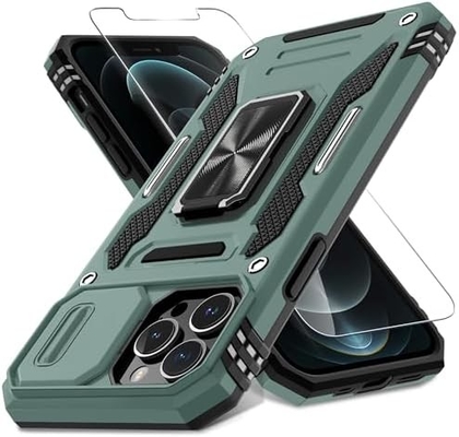 iPhone 12 Pro Max, slayt kamera kapağı + ekran koruyucusu ((1 Paket),Döner halka Kickstand Askeri sınıf şok geçirmez