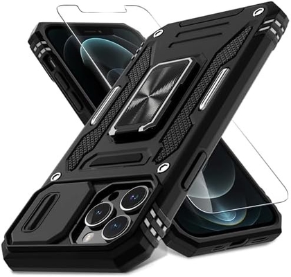 iPhone 12 Pro Max, slayt kamera kapağı + ekran koruyucusu ((1 Paket),Döner halka Kickstand Askeri sınıf şok geçirmez