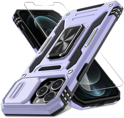 iPhone 12 Pro Max, slayt kamera kapağı + ekran koruyucusu ((1 Paket),Döner halka Kickstand Askeri sınıf şok geçirmez