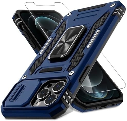 iPhone 12 Pro Max, slayt kamera kapağı + ekran koruyucusu ((1 Paket),Döner halka Kickstand Askeri sınıf şok geçirmez