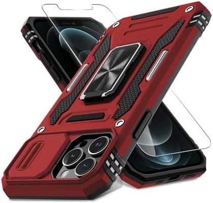 iPhone 12 Pro Max, slayt kamera kapağı + ekran koruyucusu ((1 Paket),Döner halka Kickstand Askeri sınıf şok geçirmez