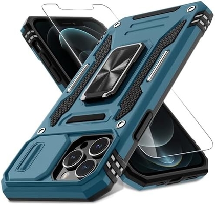 iPhone 12 Pro Max, slayt kamera kapağı + ekran koruyucusu ((1 Paket),Döner halka Kickstand Askeri sınıf şok geçirmez