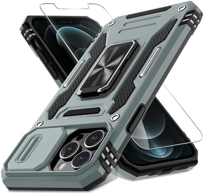 iPhone 12 Pro Max, slayt kamera kapağı + ekran koruyucusu ((1 Paket),Döner halka Kickstand Askeri sınıf şok geçirmez