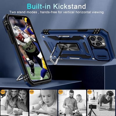 iPhone 12 Pro Max, slayt kamera kapağı + ekran koruyucusu ((1 Paket),Döner halka Kickstand Askeri sınıf şok geçirmez