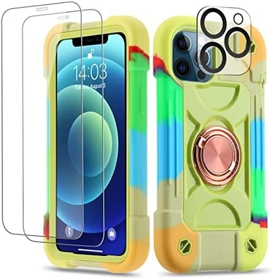 iPhone 12 Pro Max Case 6.7 &quot; - Ağır Görevli Şok Dayanıklı, Halka Taşı, Cam Ekran &amp; Kamera Lens Koruyucu (Rainbow Pink)