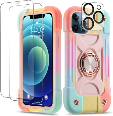 iPhone 12 Pro Max Case 6.7 &quot; - Ağır Görevli Şok Dayanıklı, Halka Taşı, Cam Ekran &amp; Kamera Lens Koruyucu (Rainbow Pink)