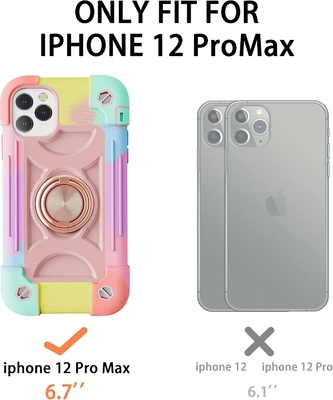 iPhone 12 Pro Max Case 6.7 &quot; - Ağır Görevli Şok Dayanıklı, Halka Taşı, Cam Ekran &amp; Kamera Lens Koruyucu (Rainbow Pink)