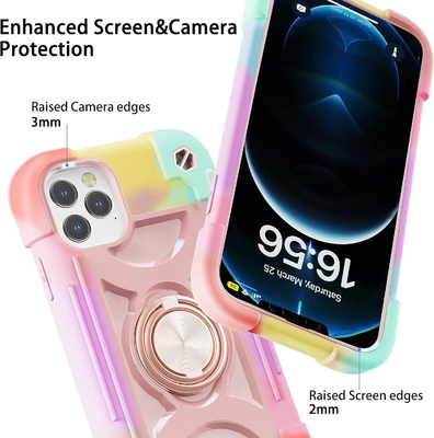 iPhone 12 Pro Max Case 6.7 &quot; - Ağır Görevli Şok Dayanıklı, Halka Taşı, Cam Ekran &amp; Kamera Lens Koruyucu (Rainbow Pink)