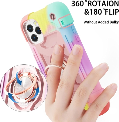 iPhone 12 Pro Max Case 6.7 &quot; - Ağır Görevli Şok Dayanıklı, Halka Taşı, Cam Ekran &amp; Kamera Lens Koruyucu (Rainbow Pink)