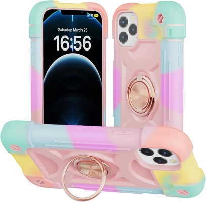 iPhone 12 Pro Max Case 6.7 &quot; - Ağır Görevli Şok Dayanıklı, Halka Taşı, Cam Ekran &amp; Kamera Lens Koruyucu (Rainbow Pink)