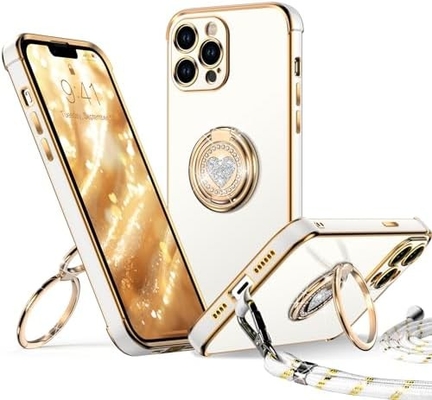 Standlı iPhone 12 Pro Max Kutusu, Çift Halkalı Kickstandlı Telefon Kutusu, Kadınlar Kızlar Bling Lüks Koruyucu Kutusu Dinle