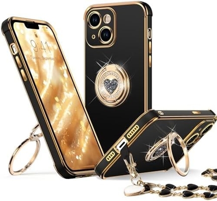 Standlı iPhone 12 Pro Max Kutusu, Çift Halkalı Kickstandlı Telefon Kutusu, Kadınlar Kızlar Bling Lüks Koruyucu Kutusu Dinle