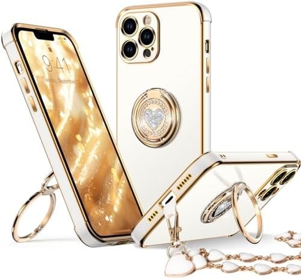 Standlı iPhone 12 Pro Max Kutusu, Çift Halkalı Kickstandlı Telefon Kutusu, Kadınlar Kızlar Bling Lüks Koruyucu Kutusu Dinle