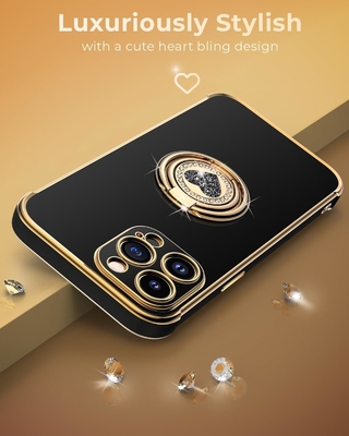 Standlı iPhone 12 Pro Max Kutusu, Çift Halkalı Kickstandlı Telefon Kutusu, Kadınlar Kızlar Bling Lüks Koruyucu Kutusu Dinle