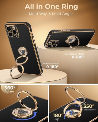 Standlı iPhone 12 Pro Max Kutusu, Çift Halkalı Kickstandlı Telefon Kutusu, Kadınlar Kızlar Bling Lüks Koruyucu Kutusu Dinle