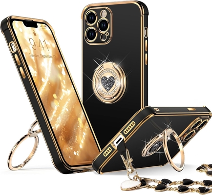 Standlı iPhone 12 Pro Max Kutusu, Çift Halkalı Kickstandlı Telefon Kutusu, Kadınlar Kızlar Bling Lüks Koruyucu Kutusu Dinle