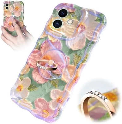 iPhone 12 Pro Max kılıfı Yüzük, yağlı boya çiçeği Renkli retro çiçek sevimli kıvırcık dalga çerçevesi Kadın Kız telefon kılıfı