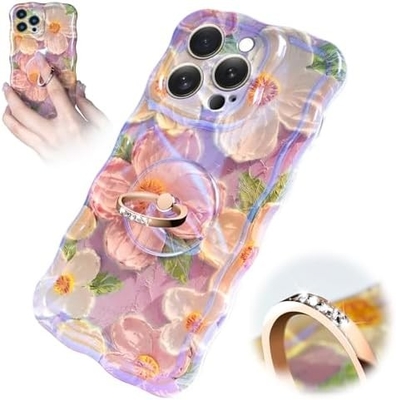 iPhone 12 Pro Max kılıfı Yüzük, yağlı boya çiçeği Renkli retro çiçek sevimli kıvırcık dalga çerçevesi Kadın Kız telefon kılıfı