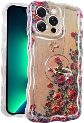 iPhone 12 Pro Max kılıfı Yüzük, yağlı boya çiçeği Renkli retro çiçek sevimli kıvırcık dalga çerçevesi Kadın Kız telefon kılıfı