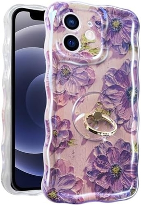 iPhone 12 Pro Max kılıfı Yüzük, yağlı boya çiçeği Renkli retro çiçek sevimli kıvırcık dalga çerçevesi Kadın Kız telefon kılıfı