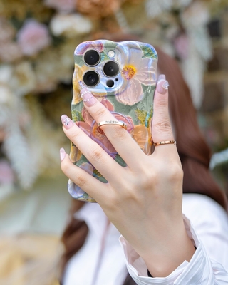 iPhone 12 Pro Max kılıfı Yüzük, yağlı boya çiçeği Renkli retro çiçek sevimli kıvırcık dalga çerçevesi Kadın Kız telefon kılıfı