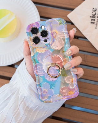 iPhone 12 Pro Max kılıfı Yüzük, yağlı boya çiçeği Renkli retro çiçek sevimli kıvırcık dalga çerçevesi Kadın Kız telefon kılıfı