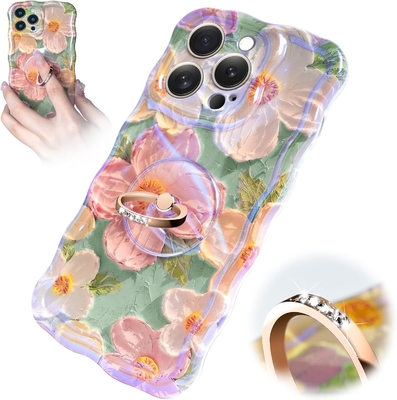 iPhone 12 Pro Max kılıfı Yüzük, yağlı boya çiçeği Renkli retro çiçek sevimli kıvırcık dalga çerçevesi Kadın Kız telefon kılıfı