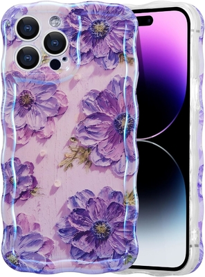 iPhone 12 Pro Max, renkli retro yağ baskı lazer parlaklık desen tatlı kıvırcık dalgalı kenarlı zarif telefon kılıfı