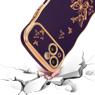 iPhone 13 kız telefon kılıfı, kıvırcık dalga çerçevesi, lüks kaplama kelebek desen, TPU altın kenarlık çarpma geçirmez lens koruması
