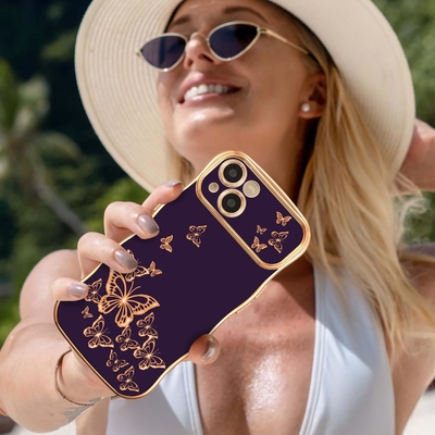 iPhone 13 kız telefon kılıfı, kıvırcık dalga çerçevesi, lüks kaplama kelebek desen, TPU altın kenarlık çarpma geçirmez lens koruması