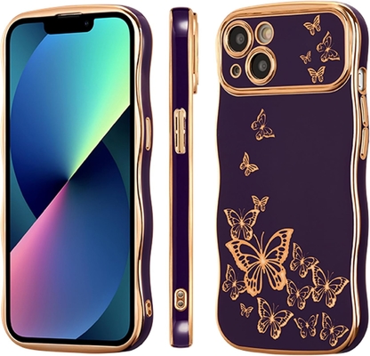 iPhone 13 kız telefon kılıfı, kıvırcık dalga çerçevesi, lüks kaplama kelebek desen, TPU altın kenarlık çarpma geçirmez lens koruması