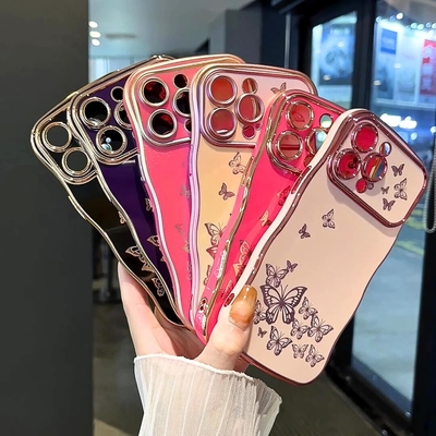 iPhone 13 kız telefon kılıfı, kıvırcık dalga çerçevesi, lüks kaplama kelebek desen, TPU altın kenarlık çarpma geçirmez lens koruması