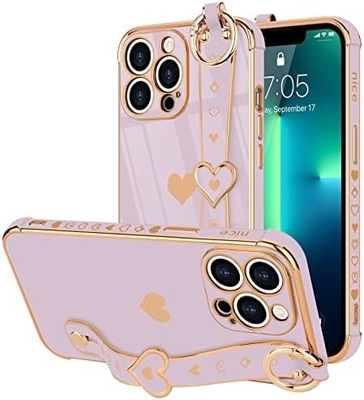 iPhone 12 Pro Cute Love-Heart Plating Strap Kadınlar Kızlar için Telefon Kapağı Bling Silikon Kamera Lens Koruma Bumper
