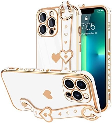iPhone 12 Pro Cute Love-Heart Plating Strap Kadınlar Kızlar için Telefon Kapağı Bling Silikon Kamera Lens Koruma Bumper