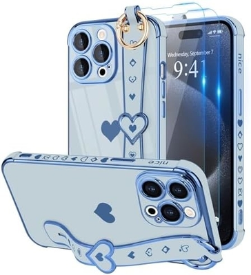 iPhone 12 Pro Cute Love-Heart Plating Strap Kadınlar Kızlar için Telefon Kapağı Bling Silikon Kamera Lens Koruma Bumper