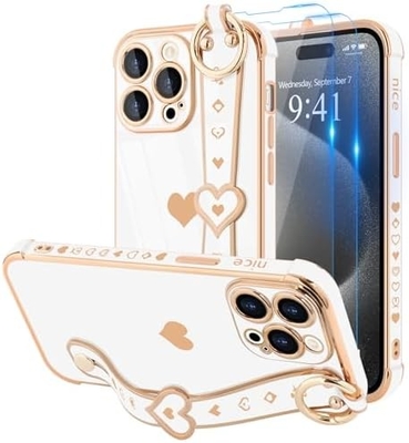 iPhone 12 Pro Cute Love-Heart Plating Strap Kadınlar Kızlar için Telefon Kapağı Bling Silikon Kamera Lens Koruma Bumper