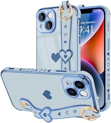 iPhone 12 Pro Cute Love-Heart Plating Strap Kadınlar Kızlar için Telefon Kapağı Bling Silikon Kamera Lens Koruma Bumper