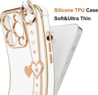 iPhone 12 Pro Cute Love-Heart Plating Strap Kadınlar Kızlar için Telefon Kapağı Bling Silikon Kamera Lens Koruma Bumper