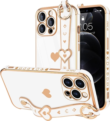 iPhone 12 Pro Cute Love-Heart Plating Strap Kadınlar Kızlar için Telefon Kapağı Bling Silikon Kamera Lens Koruma Bumper