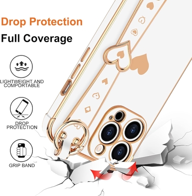 iPhone 12 Pro Cute Love-Heart Plating Strap Kadınlar Kızlar için Telefon Kapağı Bling Silikon Kamera Lens Koruma Bumper